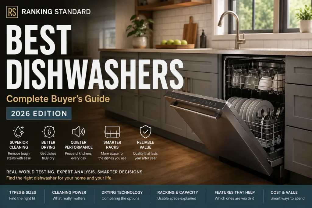 Open stainless-steel dishwasher in a modern kitchen with the Ranking Standard dishwasher buying guide.