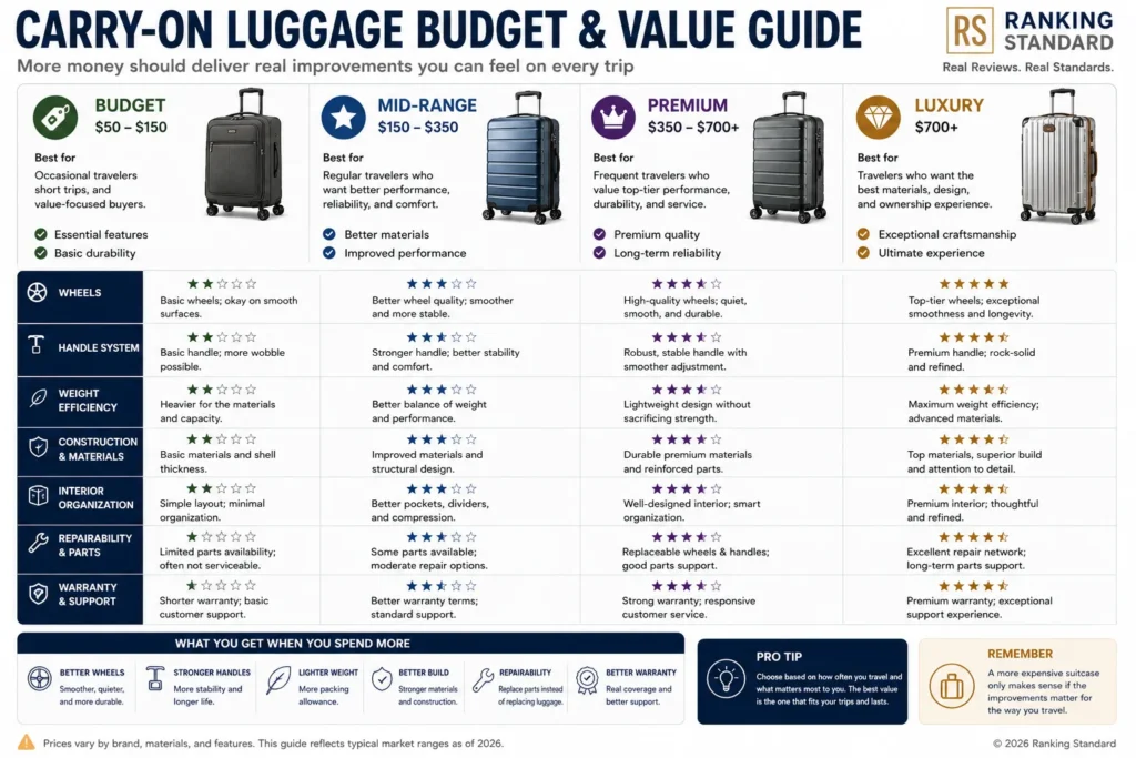 Carry-on luggage price guide comparing budget, mid-range, premium, and luxury suitcase segments.