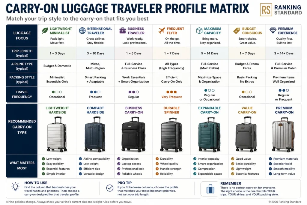 Traveler profile matrix matching carry-on luggage types to trip length, airline type, packing style, and travel frequency.