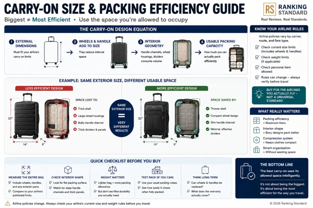 Carry-on luggage guide showing how external dimensions, wheels, handles, and interior geometry affect usable packing capacity.