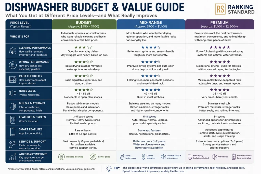 Dishwasher price comparison showing differences between budget, mid-range, and premium models.