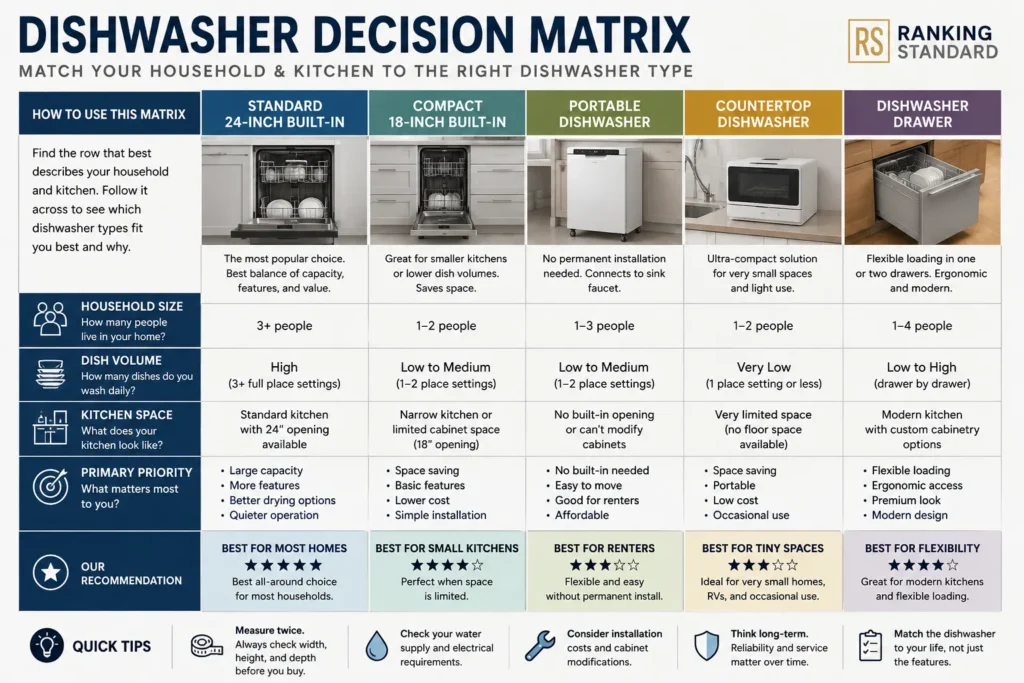 Decision matrix comparing standard, compact, portable, countertop, and drawer dishwashers by household size and kitchen needs.