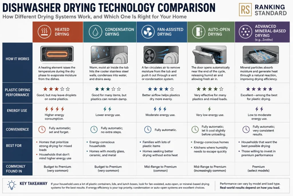 Comparison of heated, condensation, fan-assisted, auto-open, and mineral-based dishwasher drying technologies.