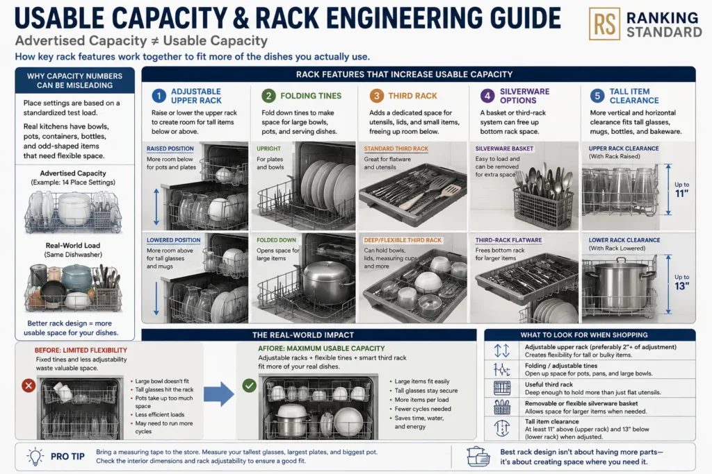 Dishwasher rack guide showing adjustable upper racks, folding tines, third racks, silverware storage, and tall-item clearance.