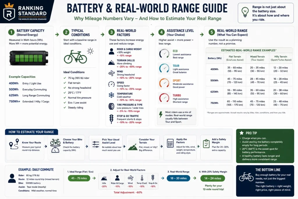 E-bike battery range guide showing how capacity, terrain, rider weight, weather, speed, and assistance level affect range.