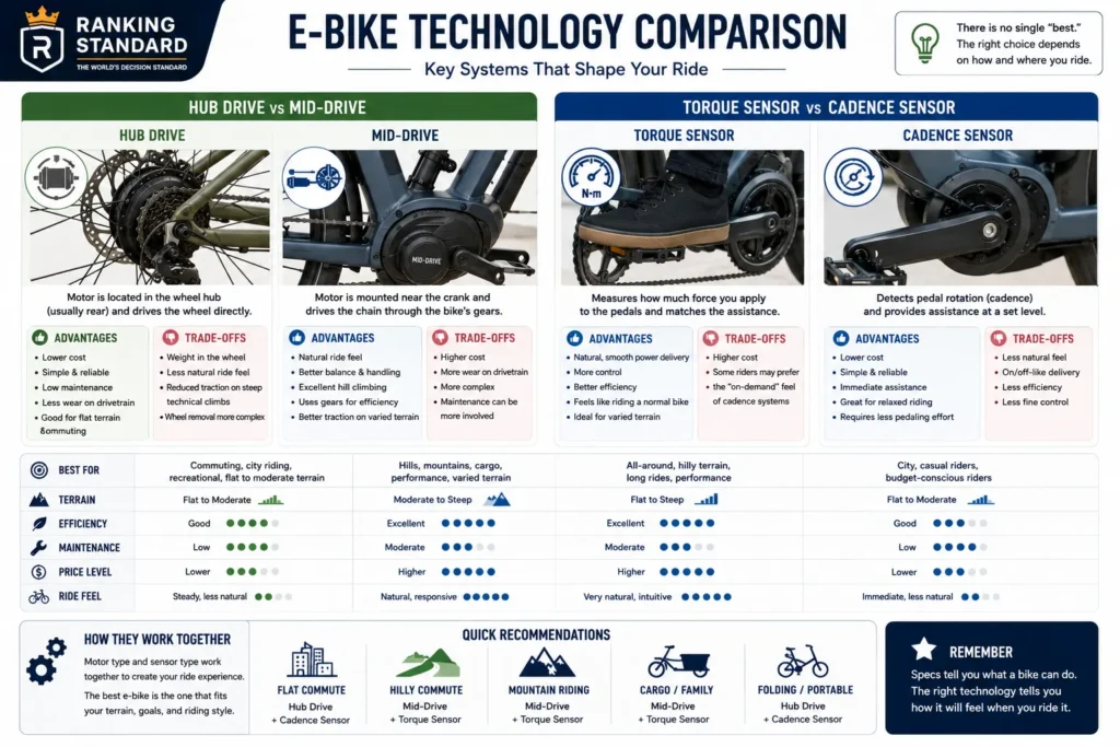 Comparison of hub-drive and mid-drive e-bike motors alongside torque and cadence pedal sensors.