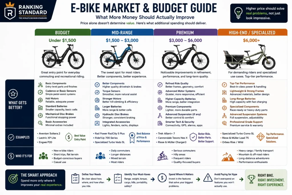 Electric bike price guide comparing budget, mid-range, premium, and specialized e-bike segments.