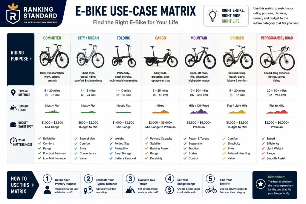 Comparison matrix for commuter, city, folding, cargo, mountain, cruiser, and performance electric bikes.