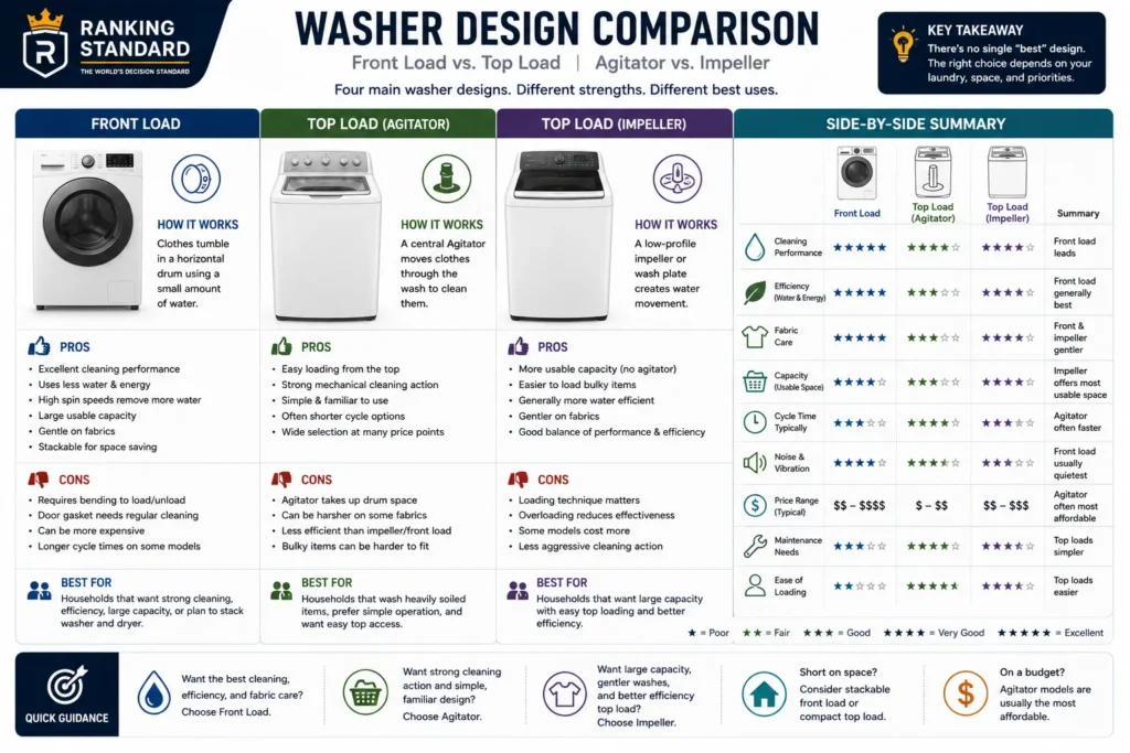 Comparison of front-load, top-load agitator, and top-load impeller washing machine designs.