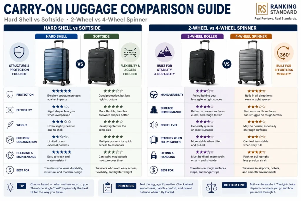 Comparison of hard-shell versus softside carry-ons and two-wheel rollers versus four-wheel spinner luggage.