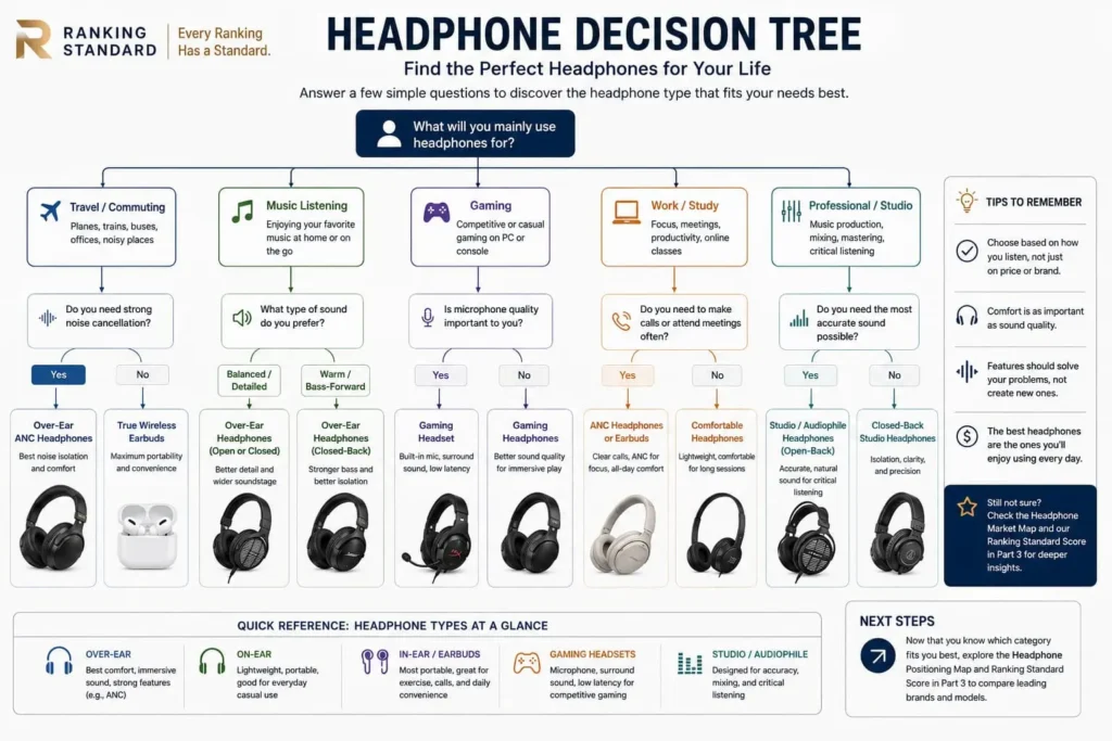 Decision tree helping buyers choose headphones based on travel, gaming, music, work, and professional audio needs.