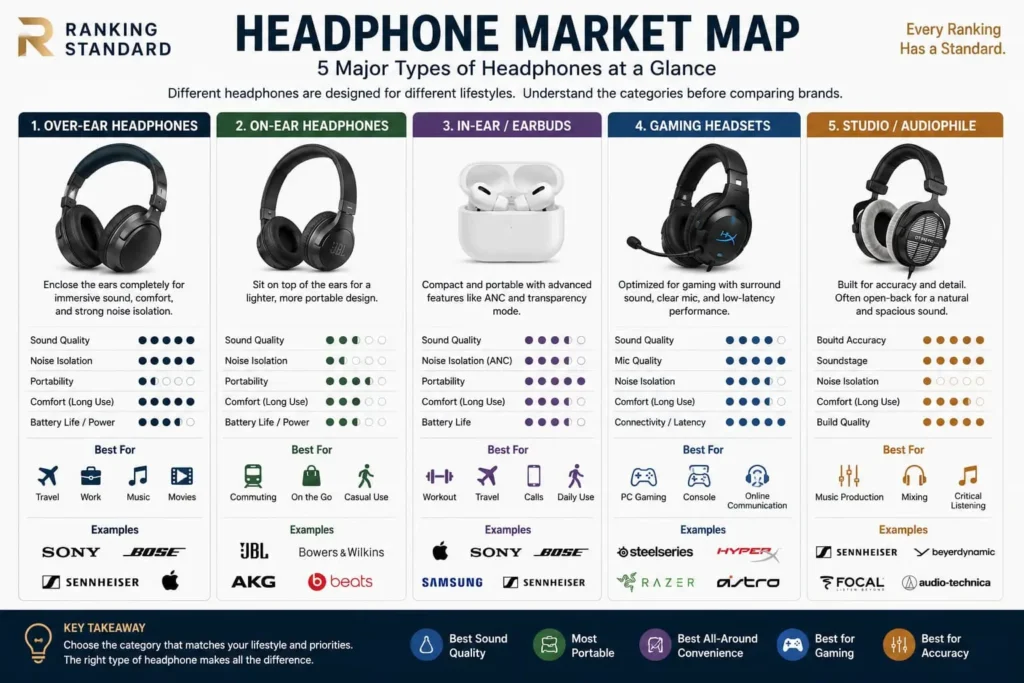 Headphone market map comparing over-ear, on-ear, in-ear earbuds, gaming headsets, and studio headphones by features and ideal users.