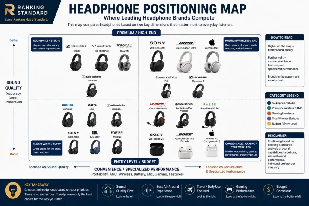 Positioning map comparing leading headphone brands by sound quality, convenience, and specialized performance.