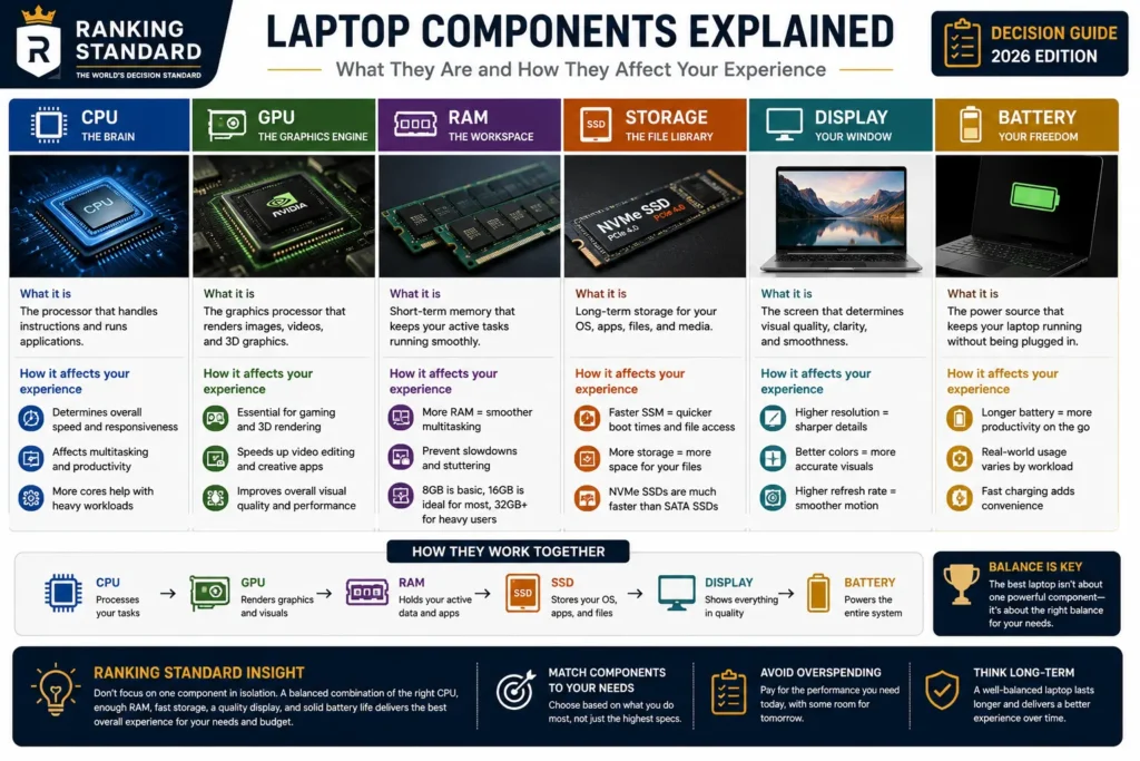 Infographic explaining the role of the CPU, GPU, RAM, SSD, display, and battery in a laptop.
