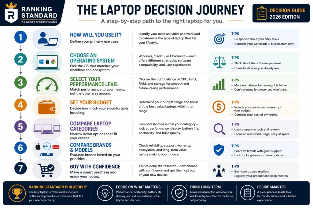 Step-by-step flowchart for choosing the right laptop based on use case, operating system, performance, and budget.