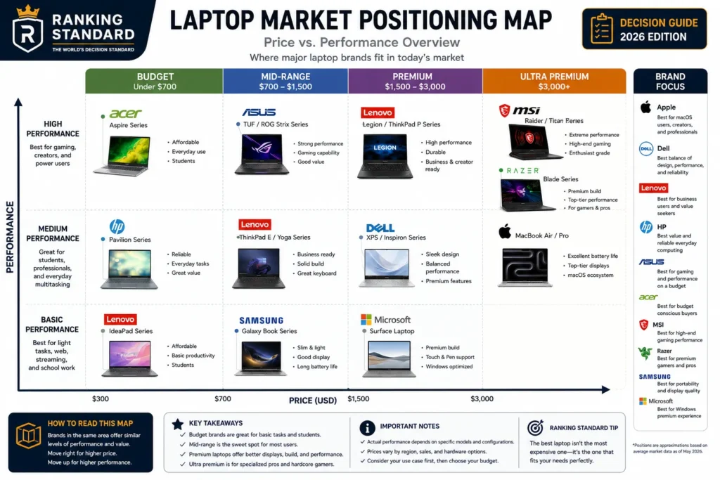Market positioning map comparing major laptop brands by price and performance.