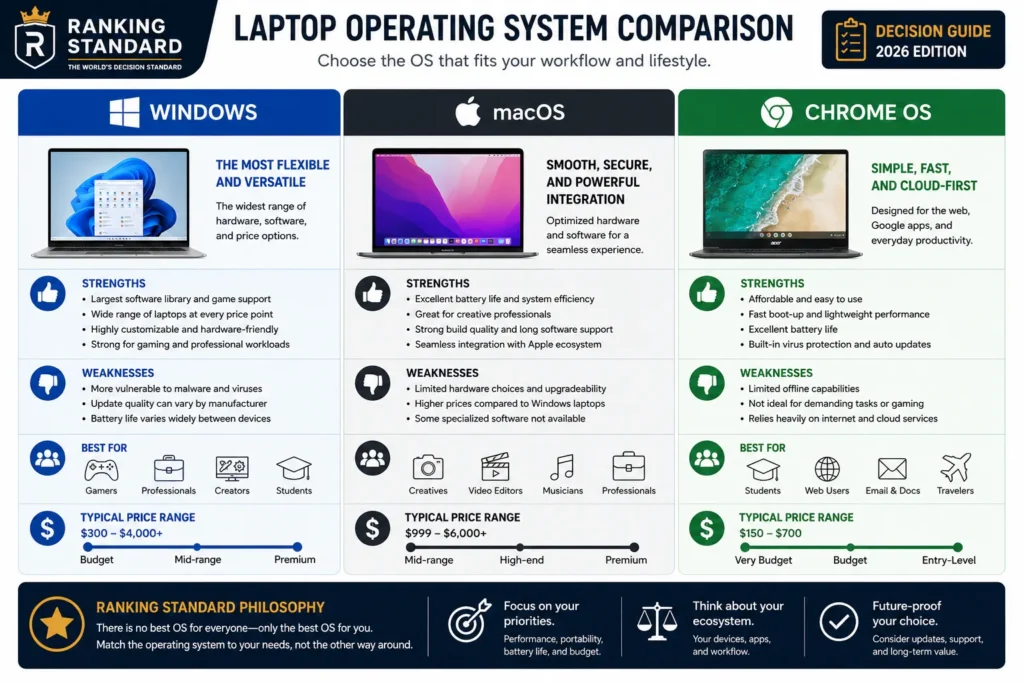 Comparison chart showing the strengths, weaknesses, and ideal users of Windows, macOS, and ChromeOS.