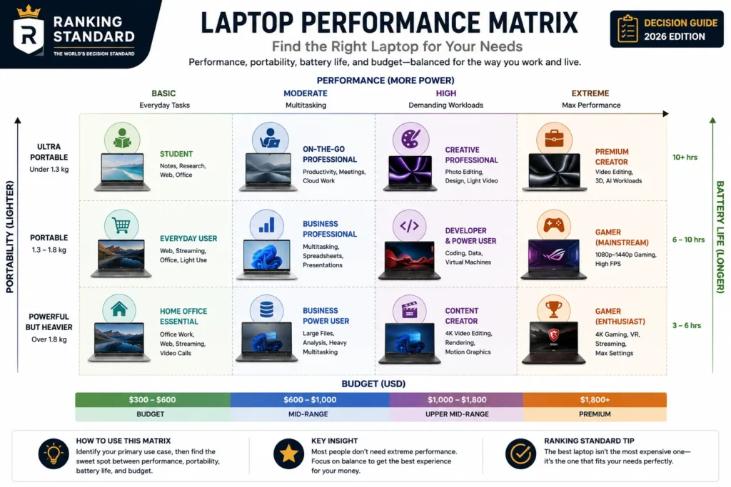 Performance matrix showing the best laptop categories by workload, portability, battery life, and budget.