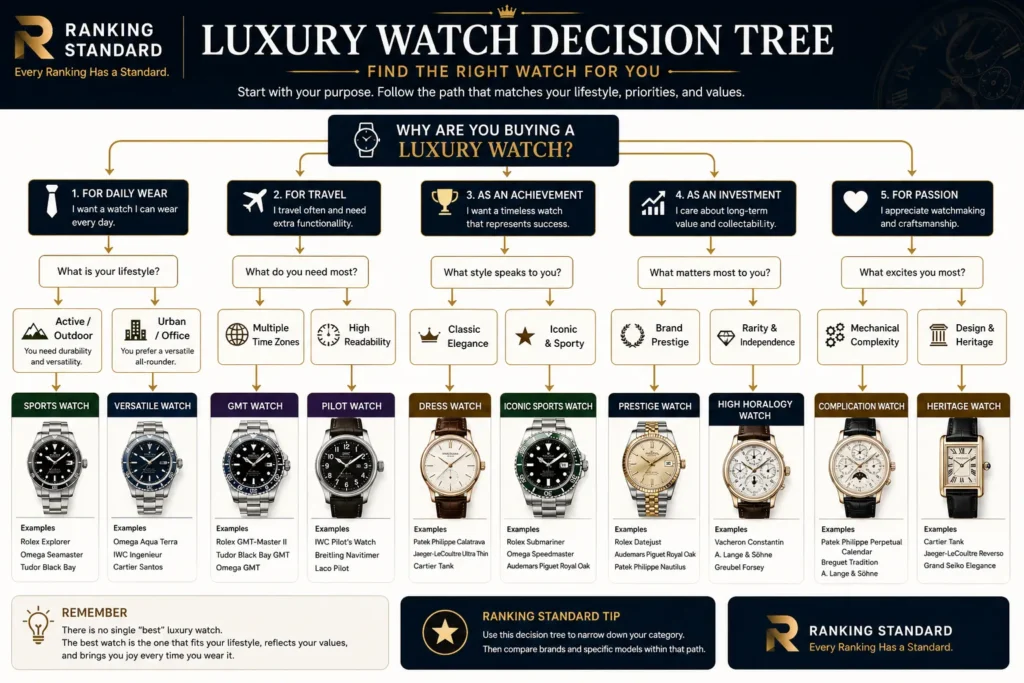 Decision tree helping buyers choose the right luxury watch based on lifestyle, purpose, travel, investment, and personal taste.