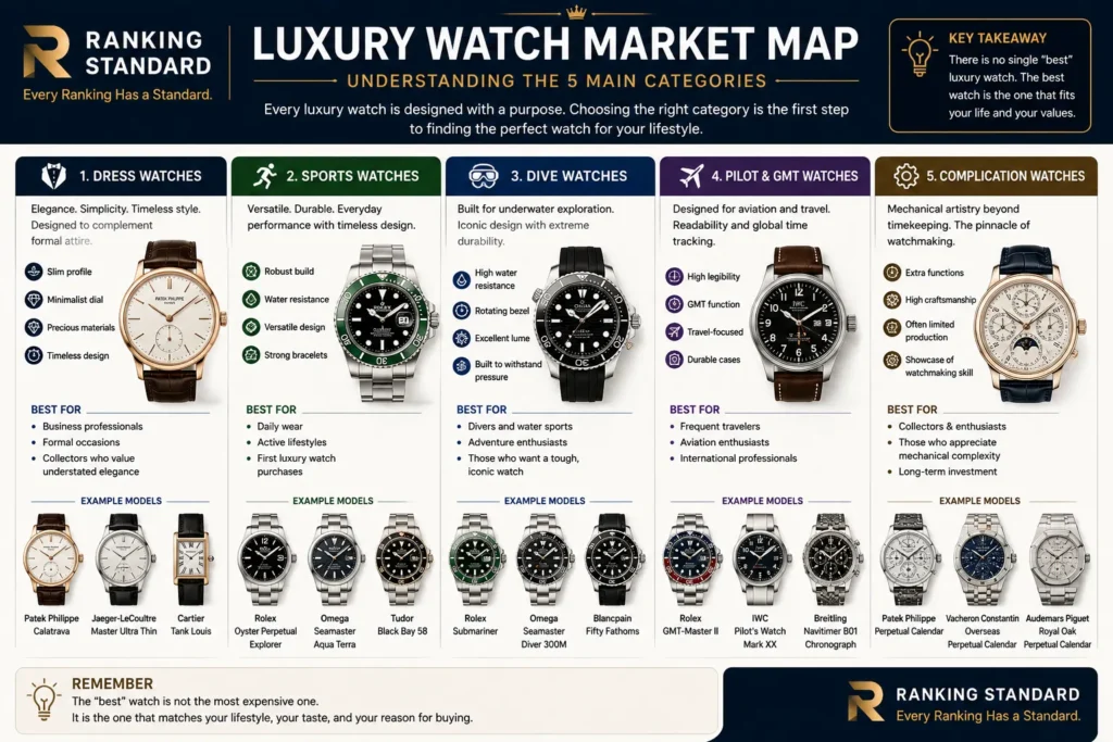 Luxury watch market map comparing dress, sports, dive, pilot and GMT, and complication watches by purpose and ideal users.