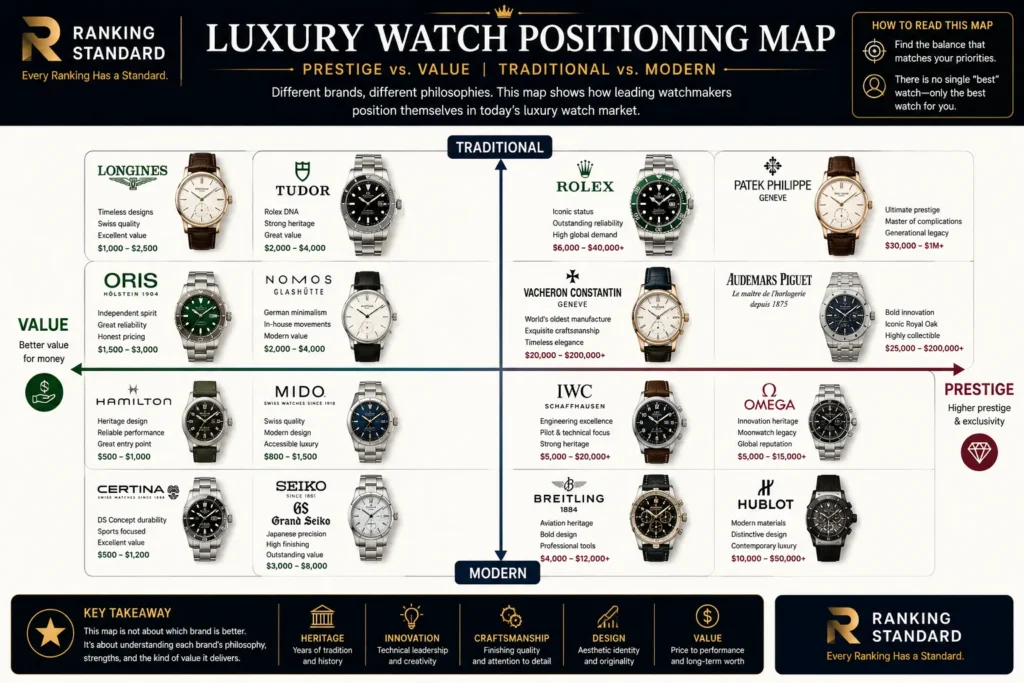 Positioning map comparing leading luxury watch brands by prestige, value, tradition, and modern innovation.