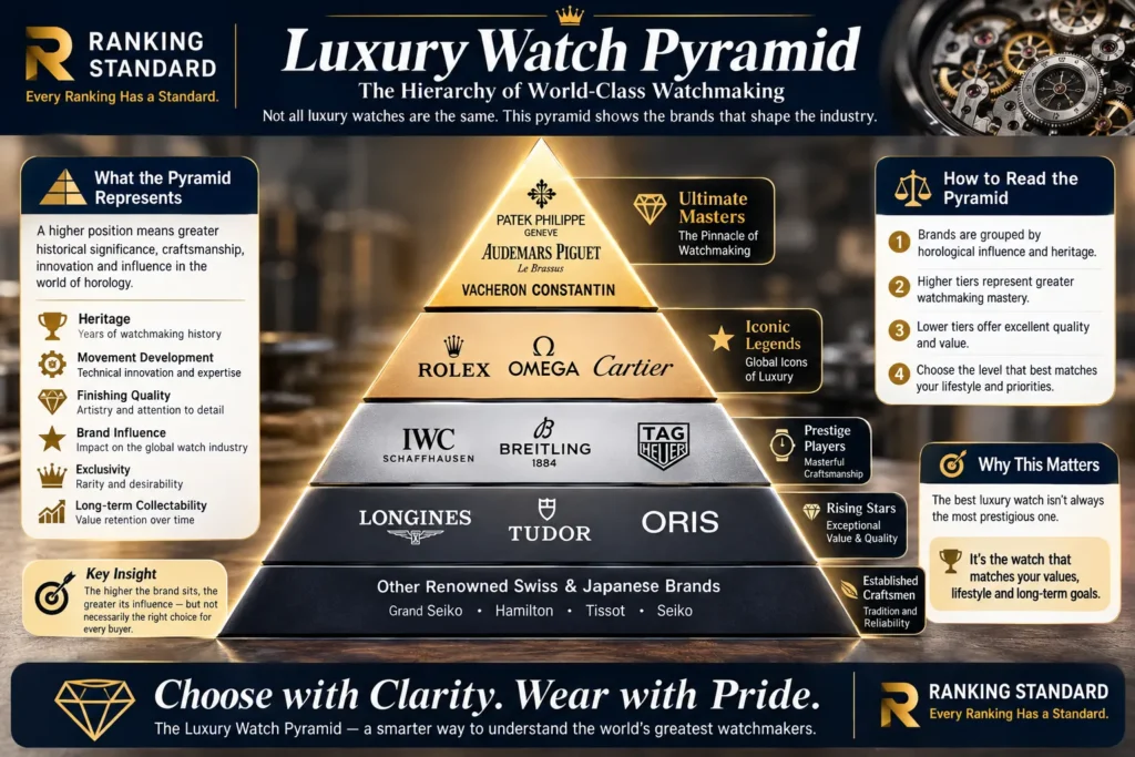 Ranking Standard Luxury Watch Pyramid illustrating brand hierarchy based on heritage, craftsmanship, innovation, prestige, and collectability.