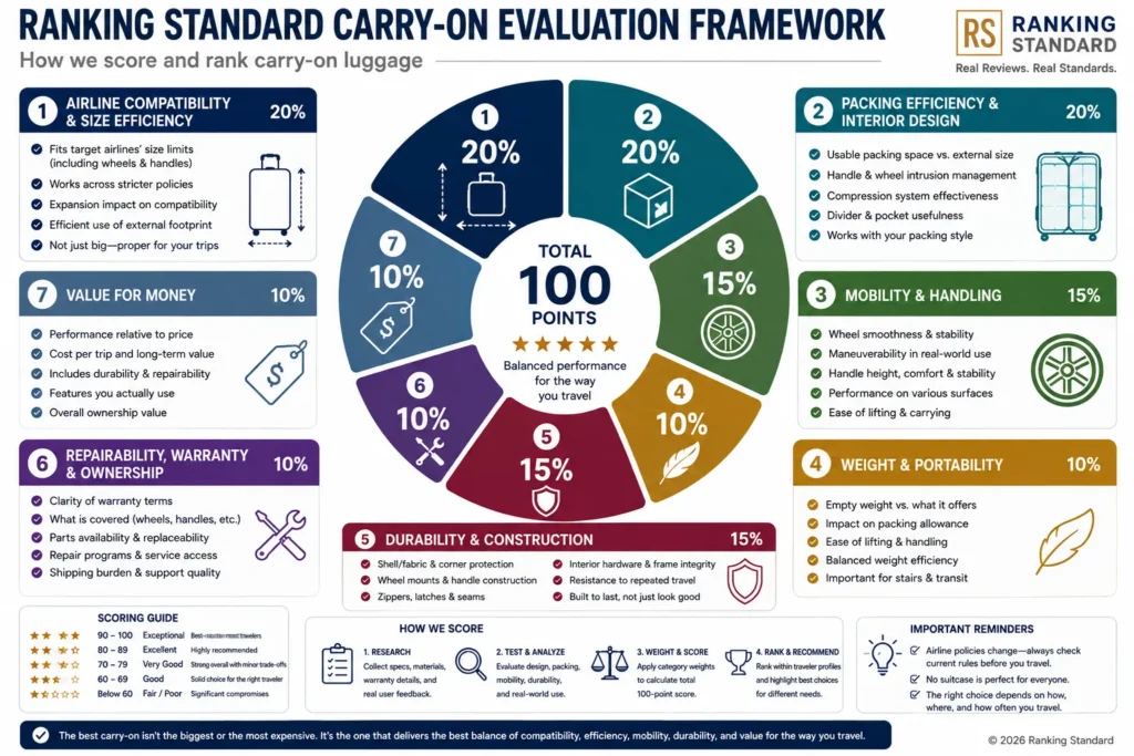 Seven-factor carry-on luggage evaluation framework covering airline compatibility, packing efficiency, mobility, weight, durability, repairability, and value.