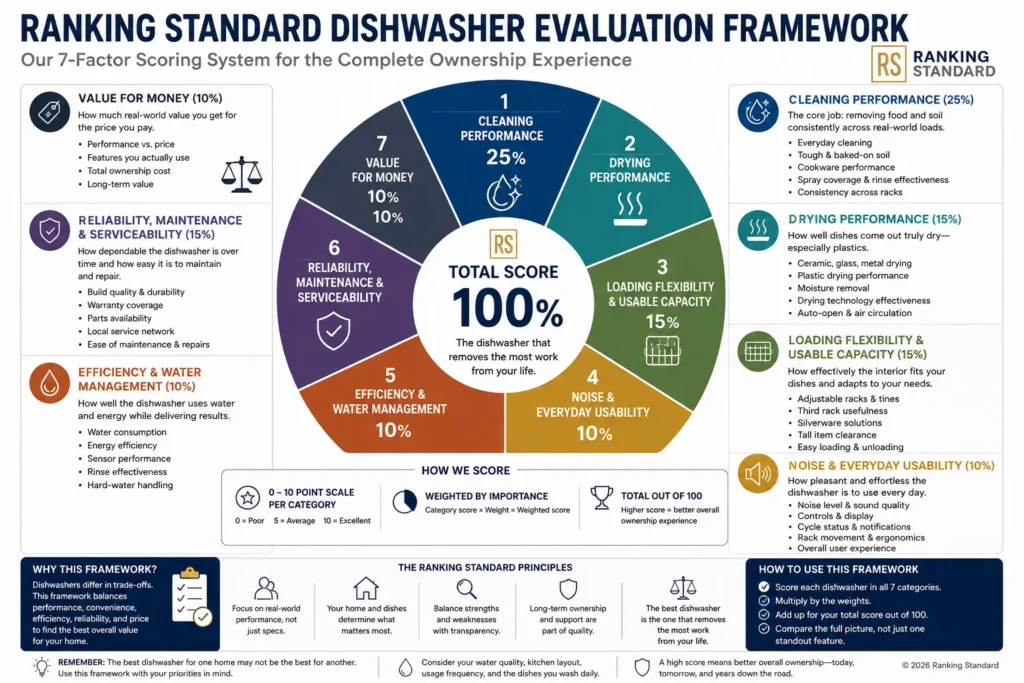 Seven-factor dishwasher scoring framework covering cleaning, drying, usable capacity, usability, efficiency, reliability, and value.