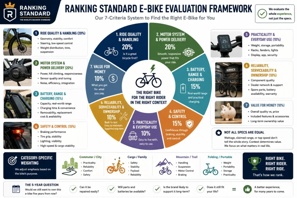 Seven-criteria electric bike evaluation framework covering ride quality, motor performance, battery, safety, practicality, reliability, and value.