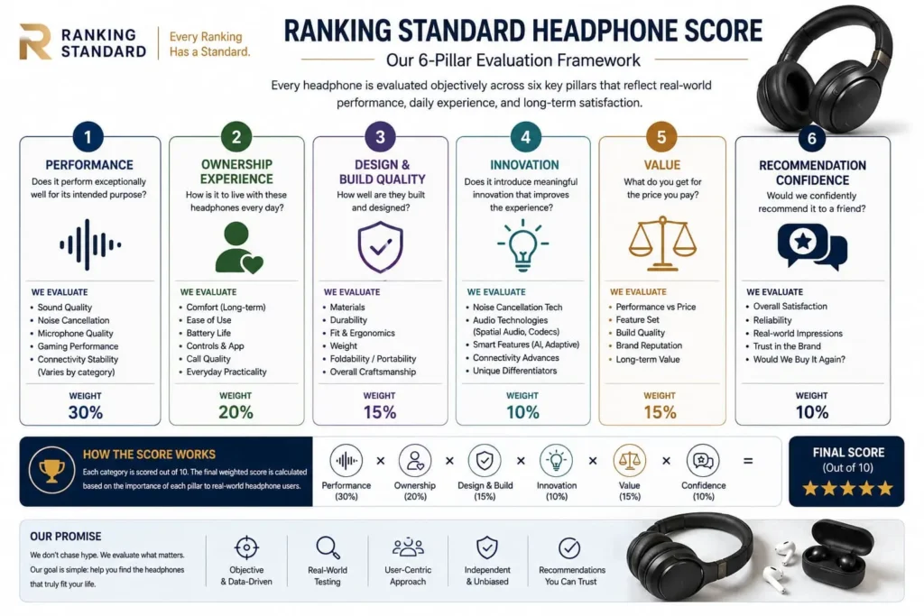 Ranking Standard's six-factor evaluation framework for objectively comparing headphones.