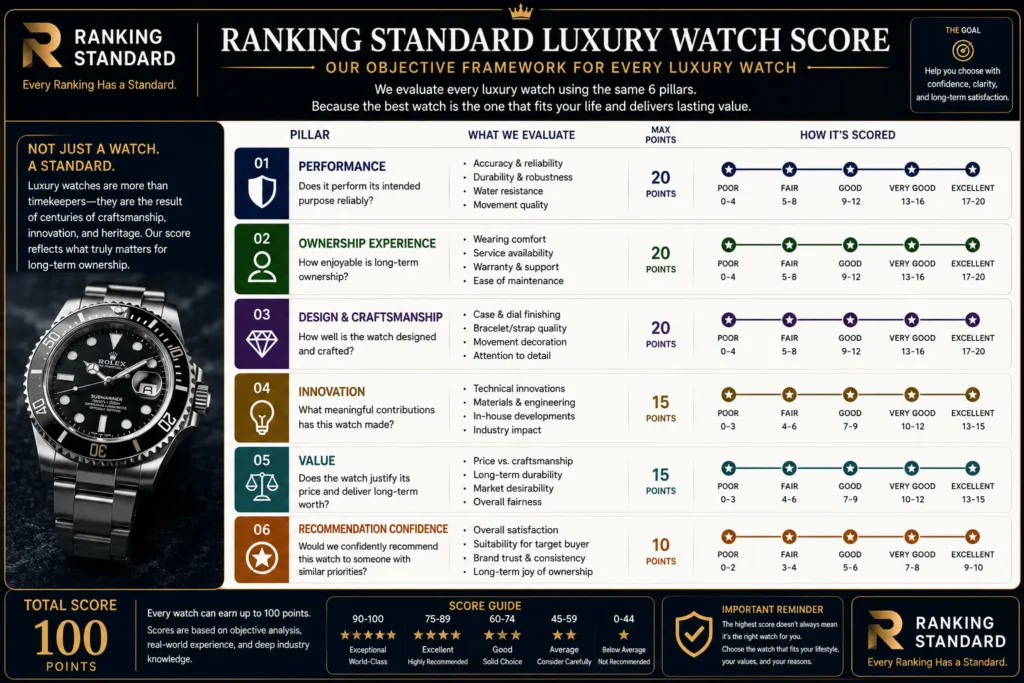 Ranking Standard's six-factor evaluation framework for objectively comparing luxury watches.