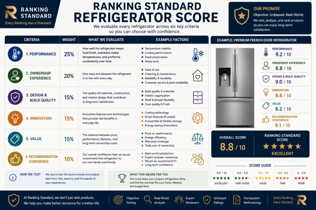 Ranking Standard's six-factor evaluation framework for objectively comparing refrigerators.