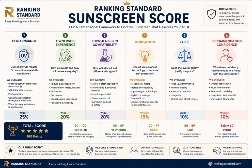Ranking Standard's six-factor evaluation framework for objectively comparing sunscreens.