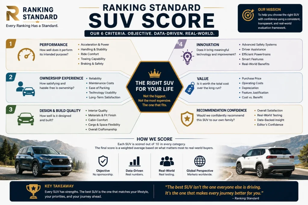 Ranking Standard's six-factor evaluation framework for objectively comparing SUVs.