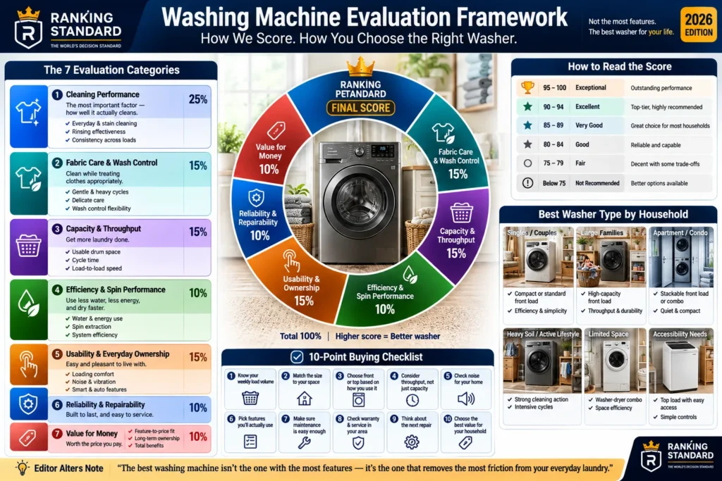 Ranking Standard washing machine scoring framework covering cleaning, fabric care, capacity, efficiency, usability, reliability, and value.