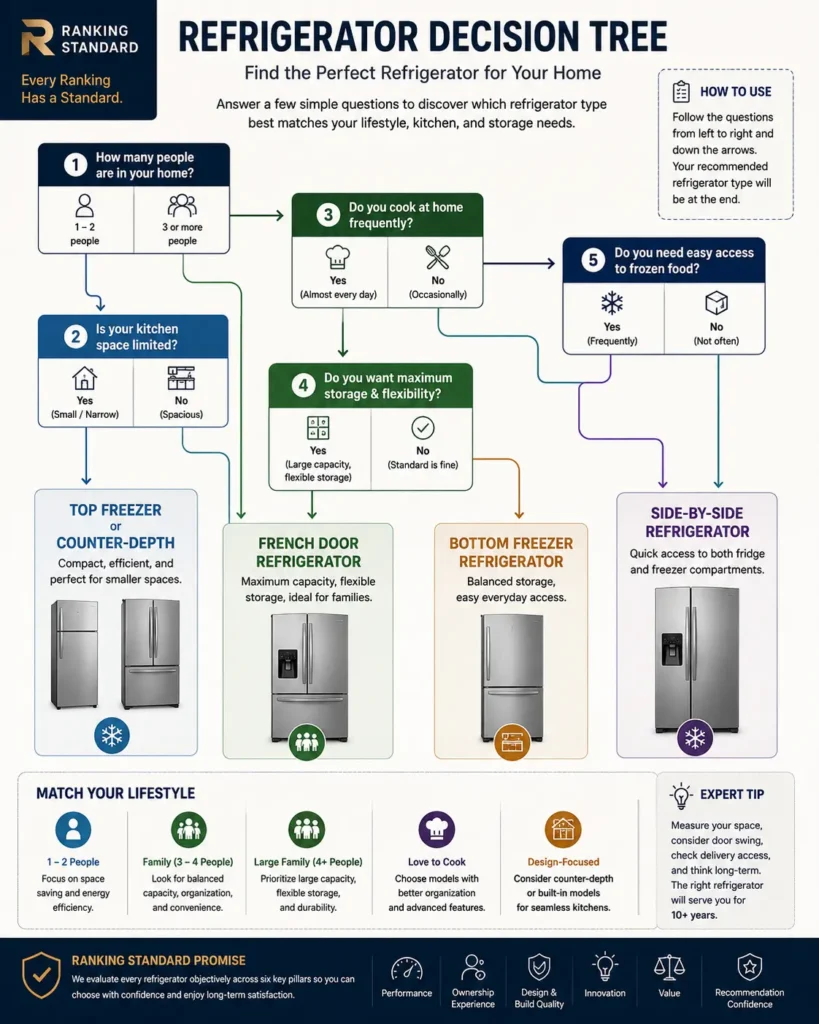 Decision tree helping buyers choose the right refrigerator based on family size, kitchen space, cooking habits, and storage needs.