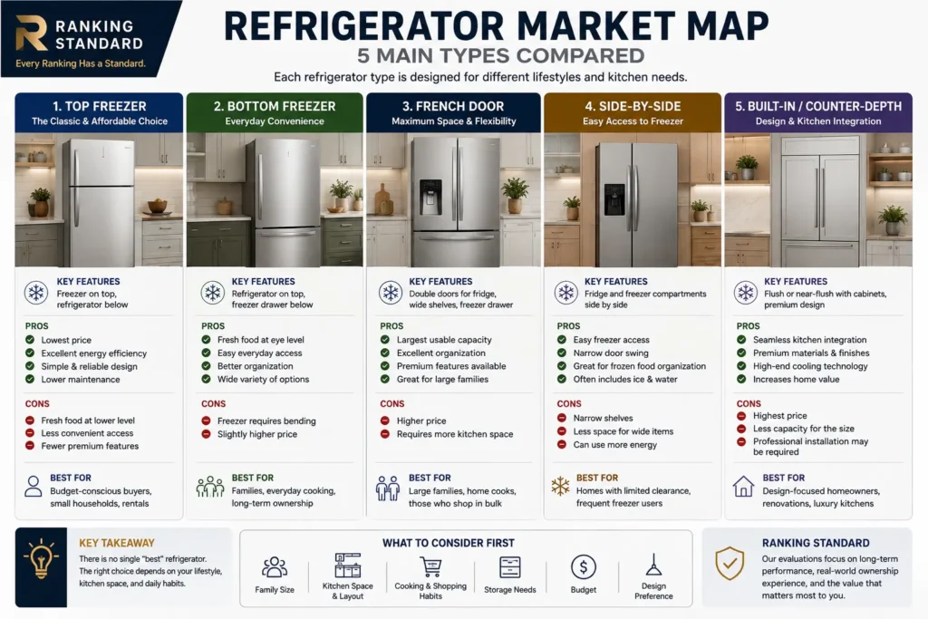 Refrigerator market map comparing top freezer, bottom freezer, French door, side-by-side, and built-in refrigerators by features and ideal users.