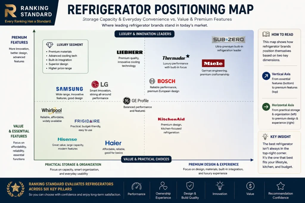 Positioning map comparing leading refrigerator brands by storage capacity, premium features, convenience, and value.