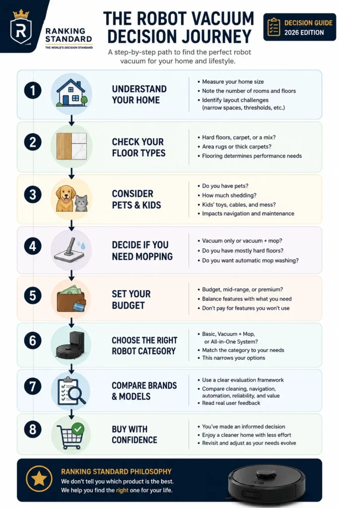 Step-by-step guide to choosing the right robot vacuum based on home size, flooring, pets, budget, and features.