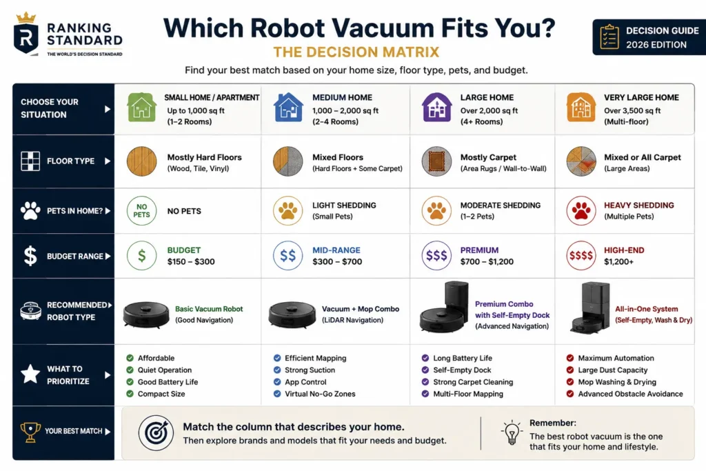 Decision matrix showing how to choose a robot vacuum based on home size, floor type, pets, and budget.