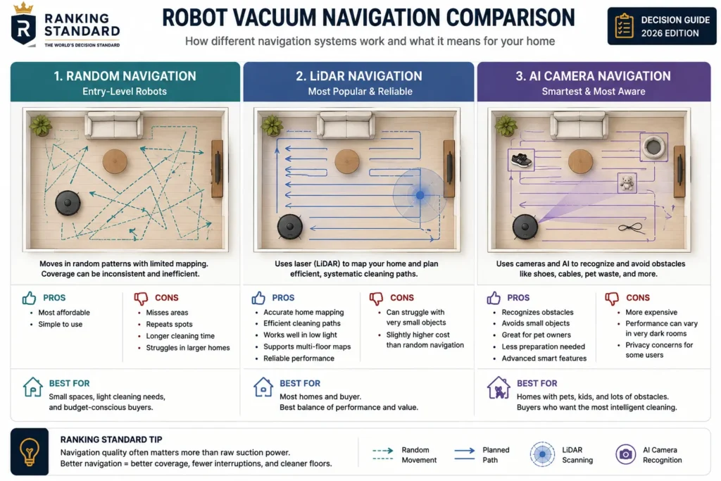 Comparison of Random, LiDAR, and AI camera navigation systems used in robot vacuums.
