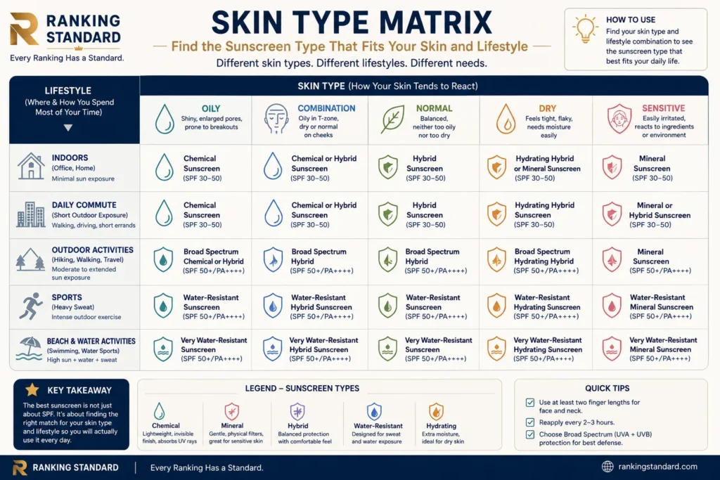 Skin Type Matrix matching sunscreen categories with oily, combination, normal, dry, and sensitive skin across different lifestyles.
