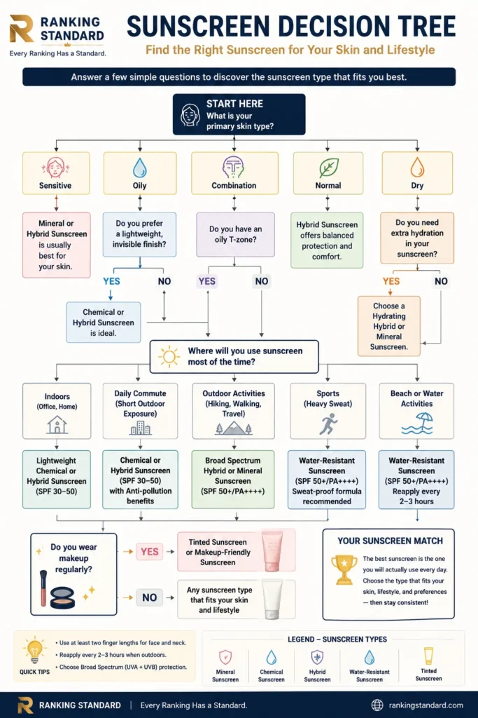 Decision tree helping users choose sunscreen based on skin type, lifestyle, makeup habits, and outdoor activity.