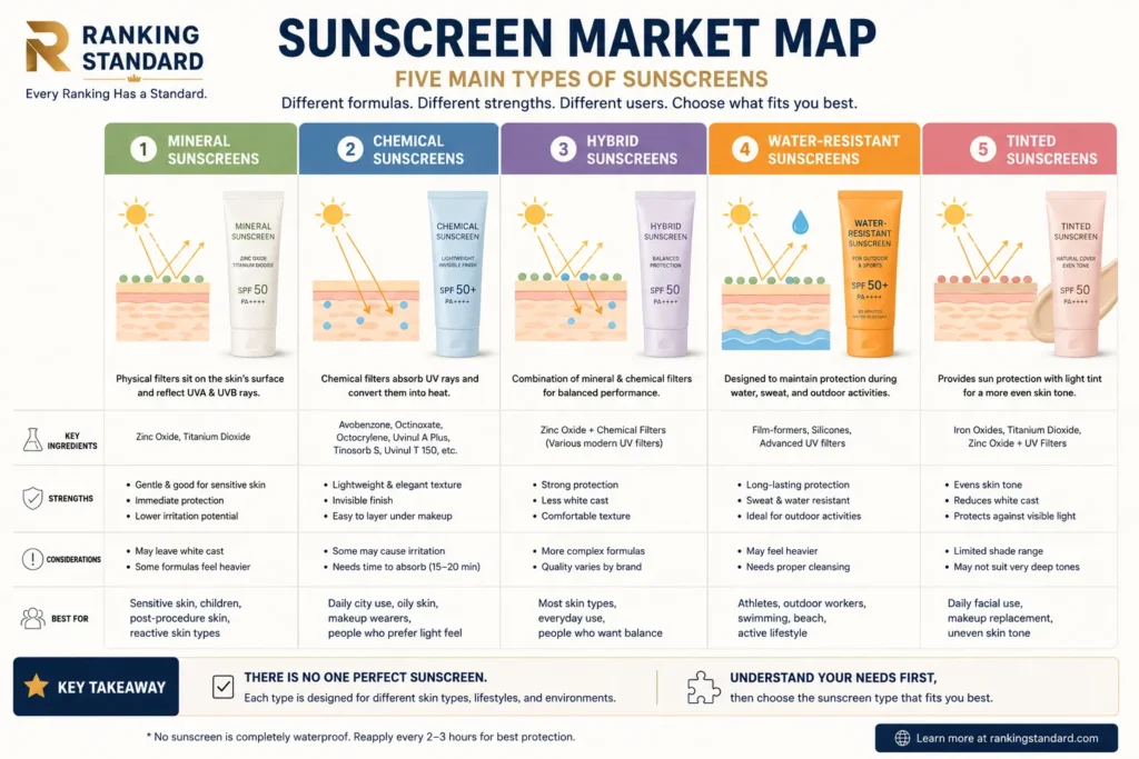 Sunscreen market map comparing mineral, chemical, hybrid, water-resistant, and tinted sunscreens by ingredients, strengths, and ideal users.