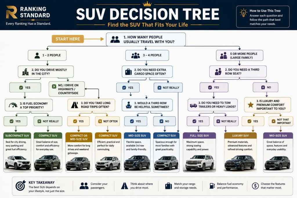 Decision tree helping buyers choose the right SUV based on family size, driving habits, cargo needs, towing, and budget.