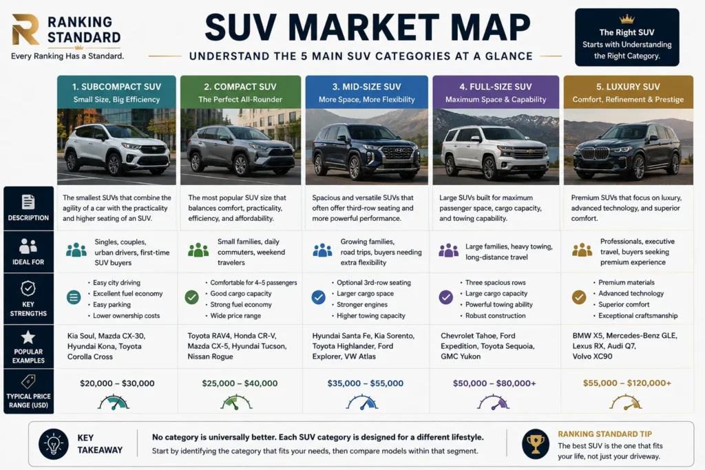 SUV market map comparing subcompact, compact, mid-size, full-size, and luxury SUVs by features and ideal users.