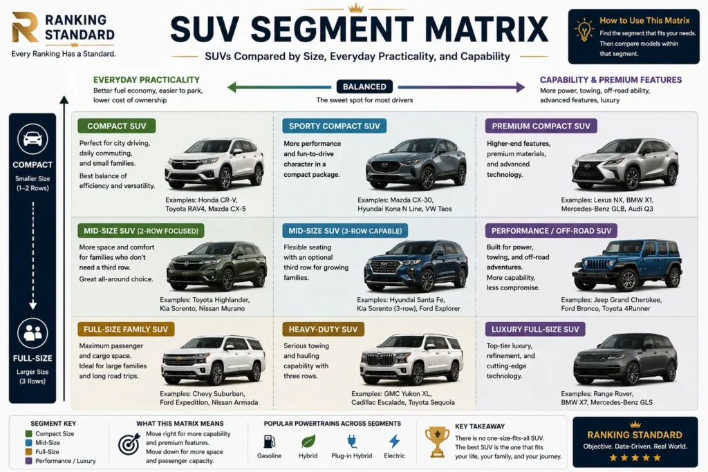 SUV Segment Matrix comparing vehicle size, practicality, capability, and premium positioning across major SUV segments.
