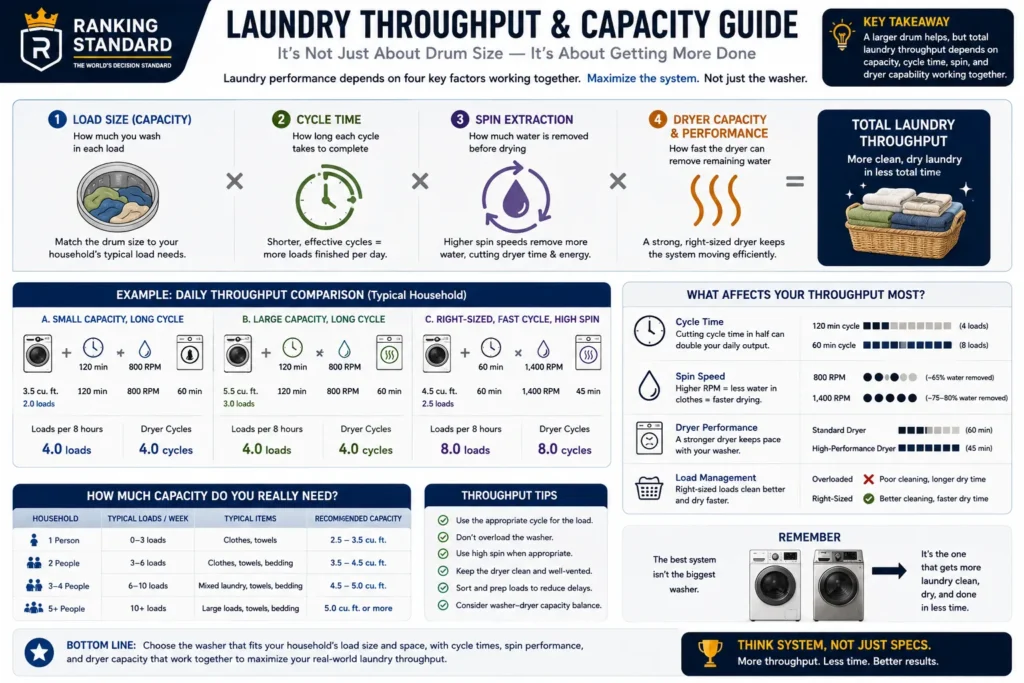Laundry throughput guide explaining how washer capacity, cycle time, spin extraction, and dryer performance work together.