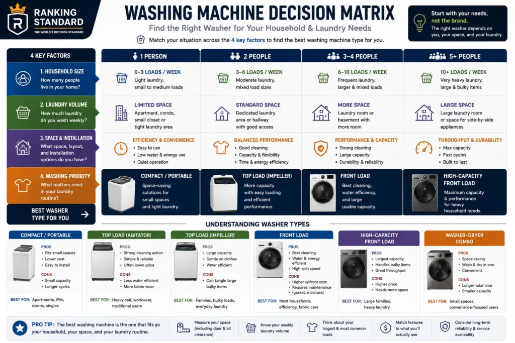 Decision matrix comparing washing machine types by household size, weekly laundry volume, space, and washing priorities.