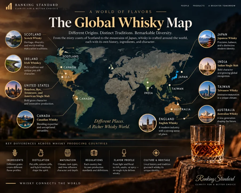 World whisky map highlighting Scotland, Ireland, the United States, Canada, Japan, India, Taiwan, Australia, and England.